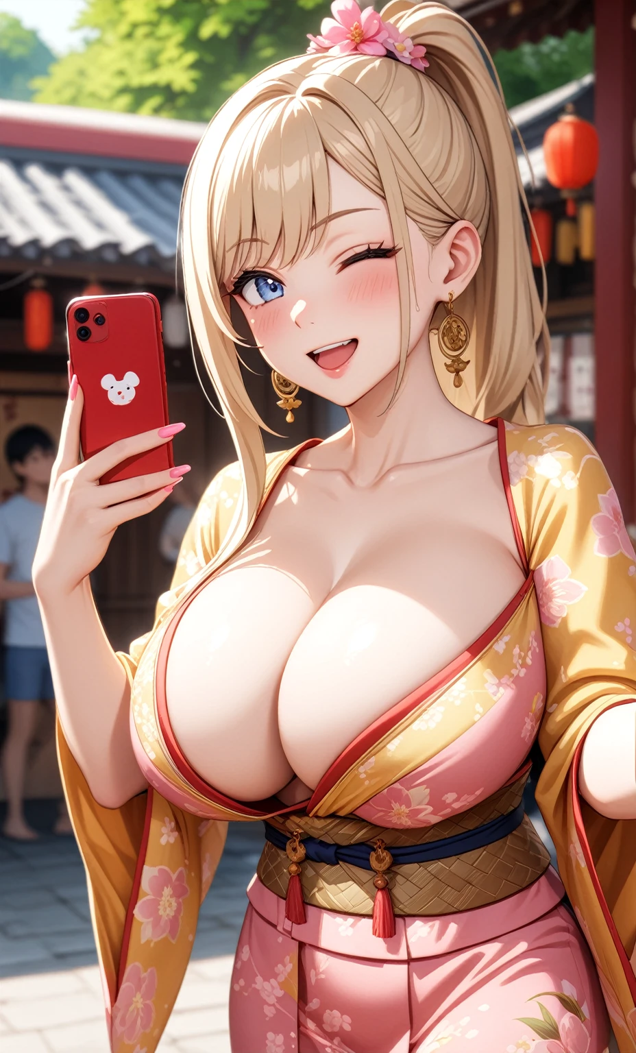 ((One woman)), Beautiful Face,Laughing embarrassedly,((Wink:1.6)),Laugh with a big mouth,(Taking a selfie with your boyfriend using your smartphone),Become bright red,Sweat on the face,Glossy pink lips,Daytime,Shrine festival stalls, ((Anime style background)),masterpiece, highest quality, so beautiful, up to date, Complex details, (Pink long nails),AI-generated, Complex,High resolution, highest quality, super high quality,3D Images、View the viewers、3D Images,one person,Long Blonde Hair,High Ponytail,blue eyes,Anime woman posing for a photo, [[Fine grain、Colorful eyes、Shining Eyes:1.15]],(Squint your eyes:1.1),a hyperRealistic , hyperRealistic , Realistic,Blonde anime woman with long hair, Smooth anime CG art, A woman in a colorful kimono with gold embroidery, (Yellow kimono),Pink floral pattern,Long flower hair ornament,Big earrings,(Large Breasts:1.2),Mature Body,tall,Big Ass,Fine details,Narrow waist,Six-pack,Photographed from diagonally above,looking at the camera