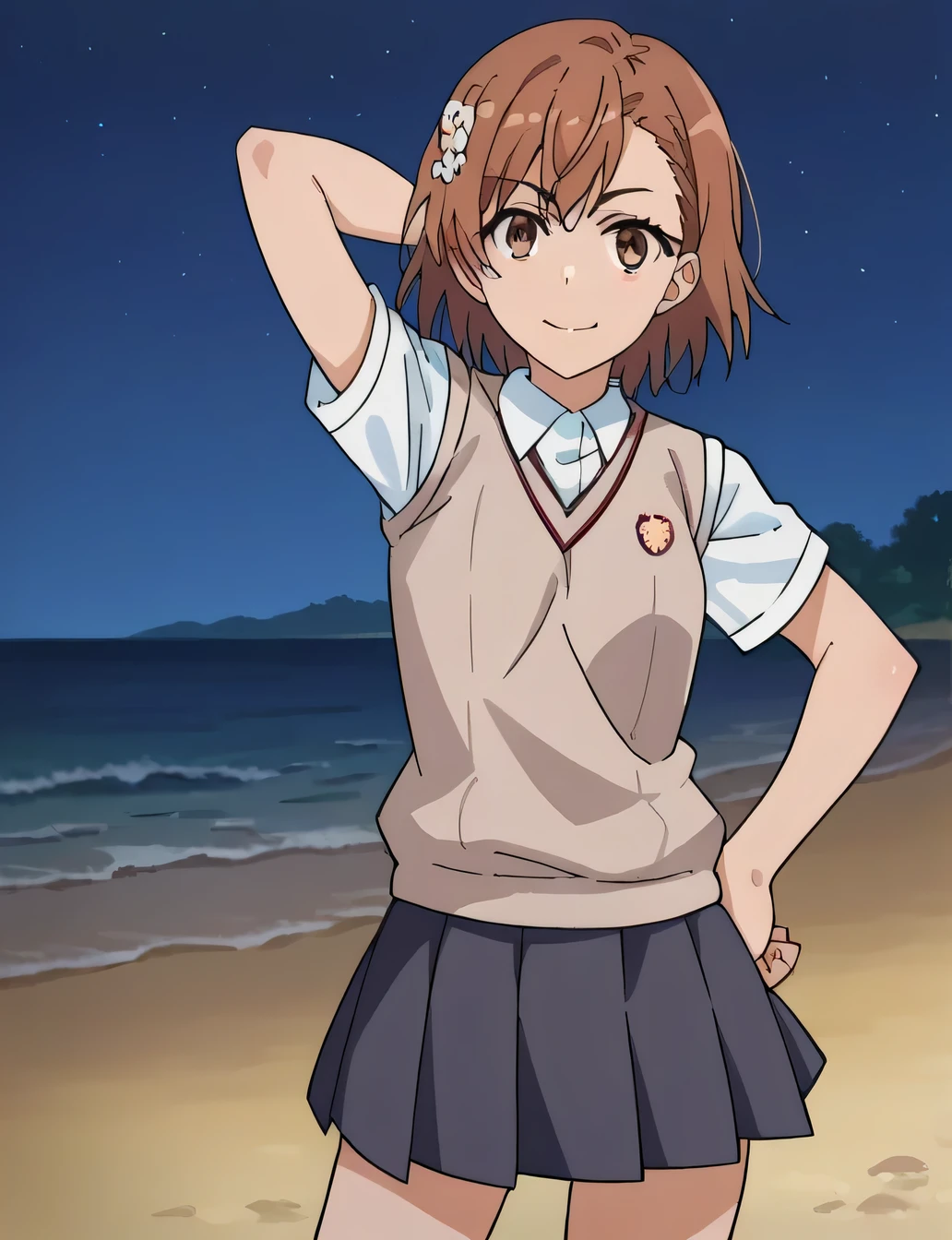 score_9, score_8_up, score_7_up, source_anime,
mikotomisaka, mikoto misaka, short hair, brown hair, hair ornament, hair flower, brown eyes,
skirt, shirt, , white shirt, short sleeves, pleated skirt, grey skirt, sweater vest, tokiwadai ,
closed mouth, solo, (cowboy shot:1.5), night sky, beach, arm behind head, hand on hip, contrapposto, spread armpits, looking at viewer, best quality, smile,