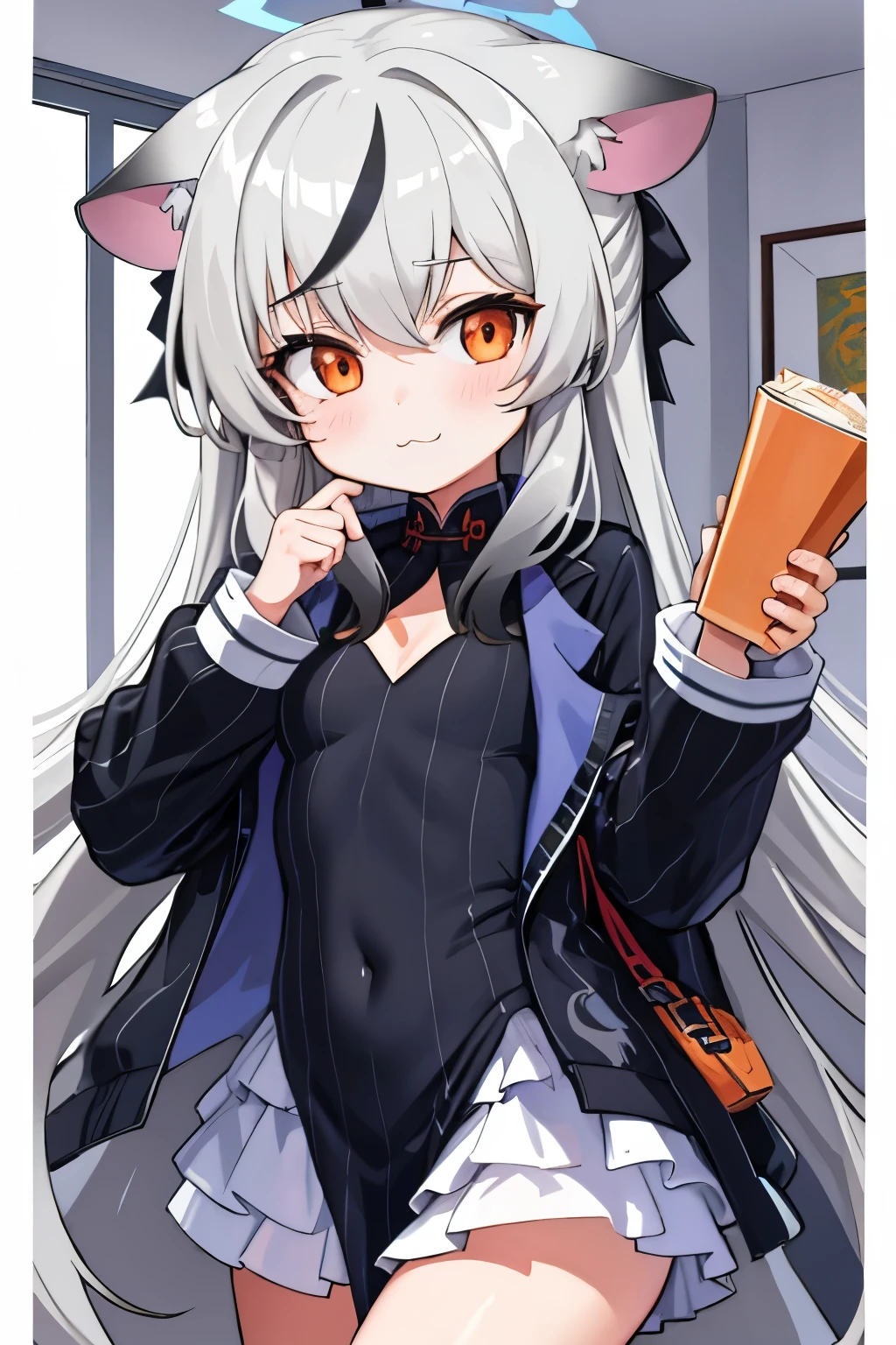 tmasterpiece， best qualtiy， ultra - detailed， 1girll，Gray hair Kokona， inside in room， Orange eye， ：3，the face,  closeup cleavage,  Winter suit, winter wonder