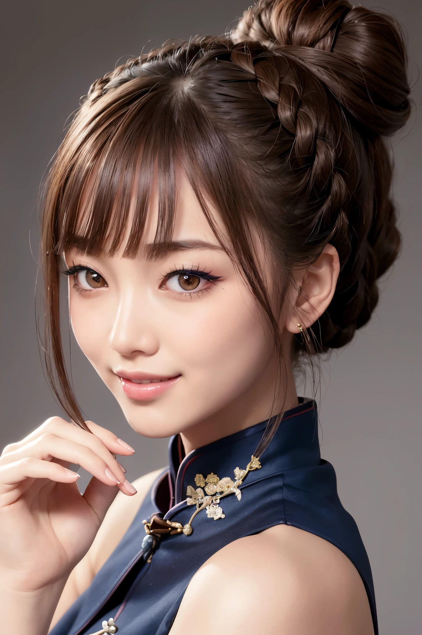 Realistic, masterpiece, highest quality, Highest resolution,Photo from the waist up, Gray blank background, One Japanese woman, Happy smile, Detailed and beautiful eyes, Iris, Sparkling eyes, Thin eyebrows, Gives your eyelashes a delicate finish, False eyelashes, Natural Makeup, (Bun hair, Braided Hair, Blunt bangs, Brown Hair:1.2), Detailed face, She is looking to the side, laughing, Mouth open, cheeks pink, Model-like pose,I can see the side,(Classic and sexy navy blue cheongsam, Detailed decoration:1.3), (Fitted clothing:1.3)