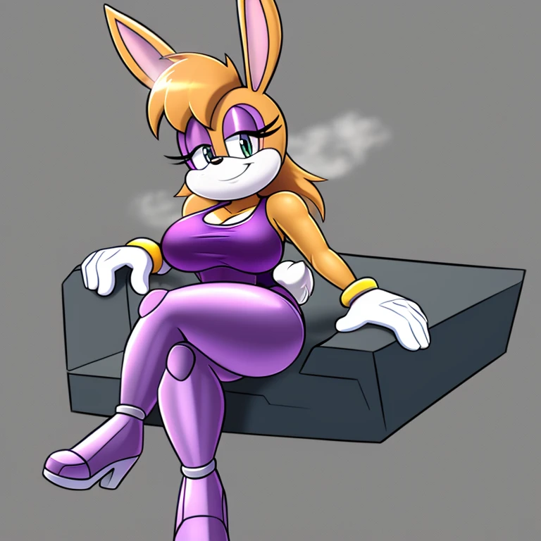 Female, Mobian, Bunnie Rabbot, smile, wearing purple tank tops, wearing purple one piece swimsuit, sweating, wearing black shorts, wearing white cartoon gloves, has thick thighs, on crossed legs, doing a pin up pose,