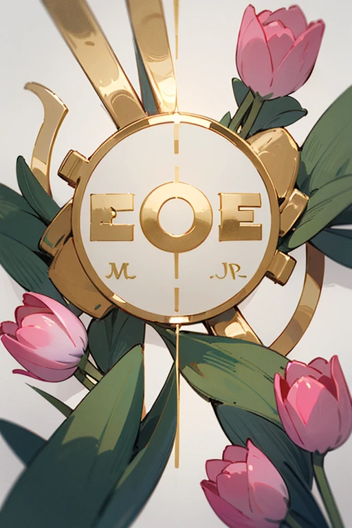 Make a white circle where the bottom part ends in pink tulips, the line of the circle is gold and has the name beautiful in the middle in a pretty letter.