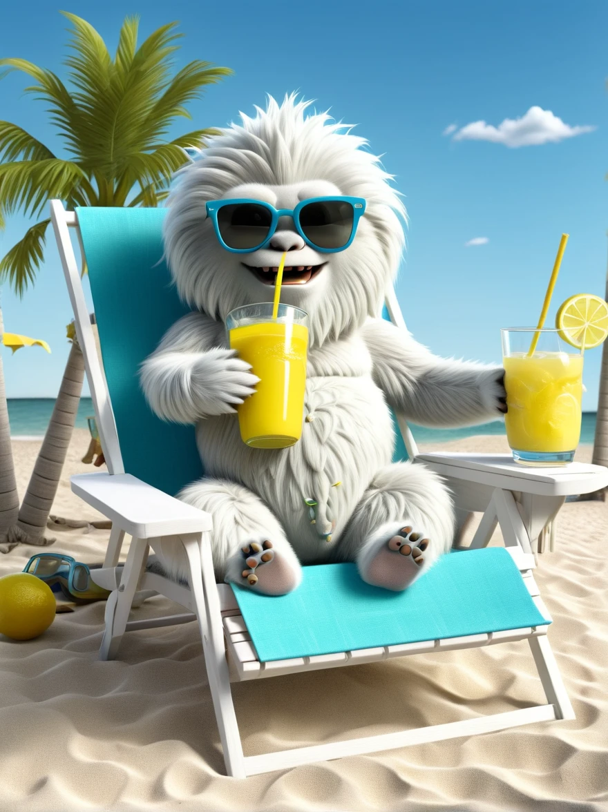 An adorable yeti lays in a lawn chair at the beach, wearing sunglasses and holding a lemonade. The yeti is in a 3D illustrated animation style.