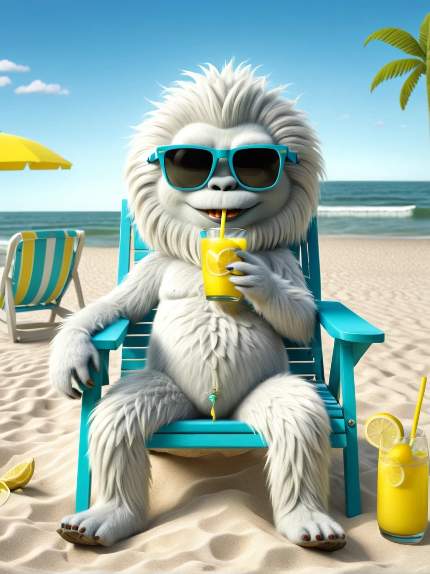 An adorable yeti lays in a lawn chair at the beach, wearing sunglasses and holding a lemonade. The yeti is in a 3D illustrated animation style.