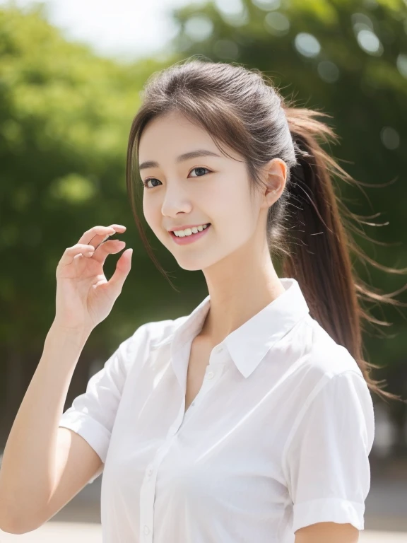 (masterpiece、high-level image quality、sharp focus)、Wearing a white shirt with short sleeves、one shirt button is missing, A Japanese Lady、23 age、(perfect anatomia、Precise and beautiful limbs), simple girl with little smile, wind blows hair, ponytail, big , high angle camera