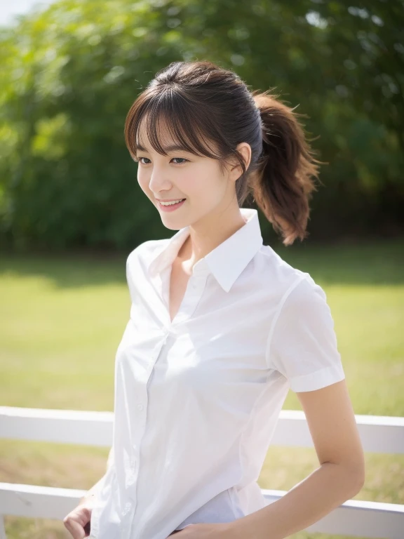 (masterpiece、high-level image quality、sharp focus)、Wearing a white shirt with short sleeves、one shirt button is missing, A Japanese Lady、23 age、(perfect anatomia、Precise and beautiful limbs), simple girl with little smile, wind blows hair, ponytail, big , high angle camera