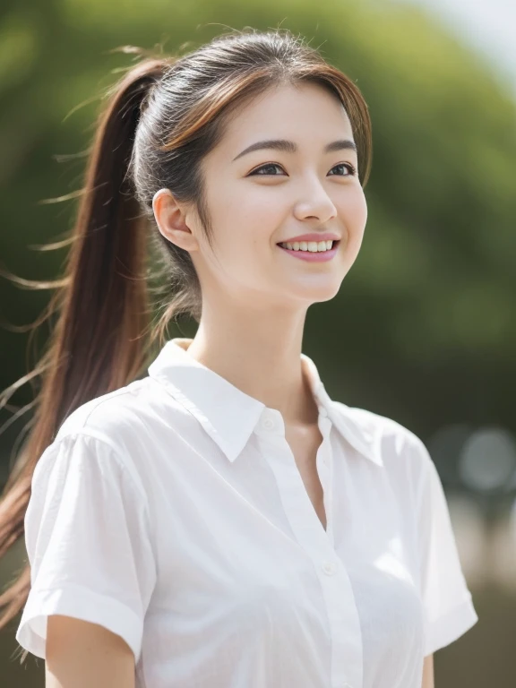 (masterpiece、high-level image quality、sharp focus)、Wearing a white shirt with short sleeves、one shirt button is missing, A Japanese Lady、23 age、(perfect anatomia、Precise and beautiful limbs), simple girl with little smile, wind blows hair, ponytail, big , high angle camera