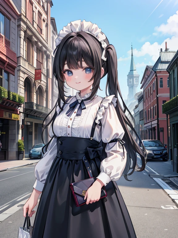 masterpiece, highest quality, Very detailed, 16k, Ultra-high resolution, Cowboy Shot, Detailed face, Perfect Fingers, , smile, black eye, Black Hair, Long Hair, Black maid outfit, In town, GTS, Giant girl, walk