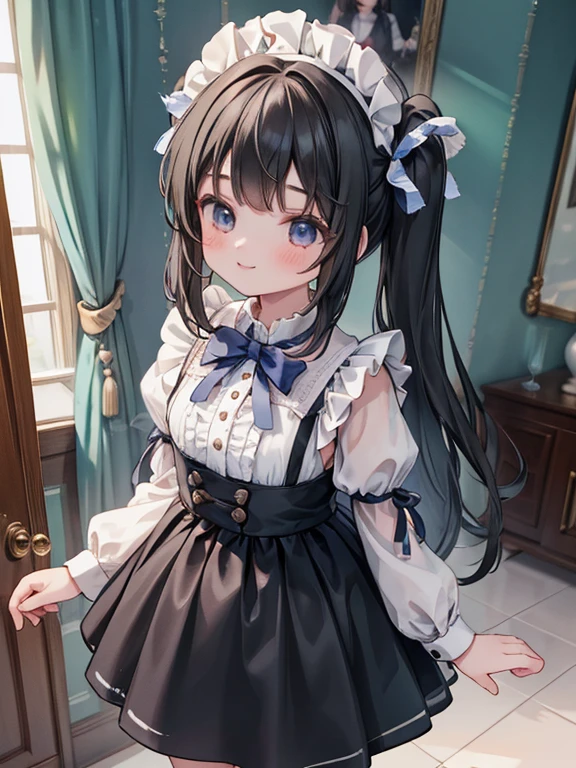 masterpiece, highest quality, Very detailed, 16k, Ultra-high resolution, Cowboy Shot, Detailed face, Perfect Fingers, -yeld gi smile, black eye, Black Hair, Long Hair, Black maid outfit, In town, GTS, Giant girl, walk