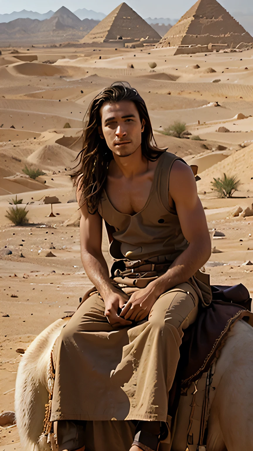 A 25 year old man, middle hair, wearing a desert dress riding a camel at the desert, with pyramid background