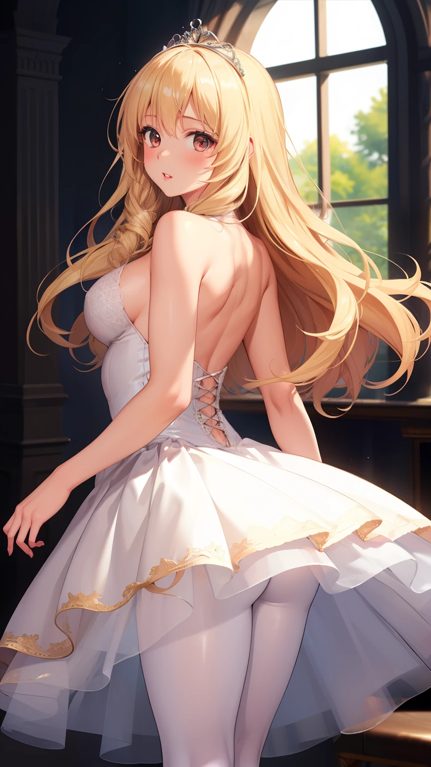 masterpiece, best quality, 1girl, very curly hair, blonde hair, shiny hair, tiara, diadem, medium breasts, glossy lips, good lighting, latifa fleuranza, standing, looking back at viewer, ballerina, lace-up, white pantyhose, (see-through skirt:0.8)