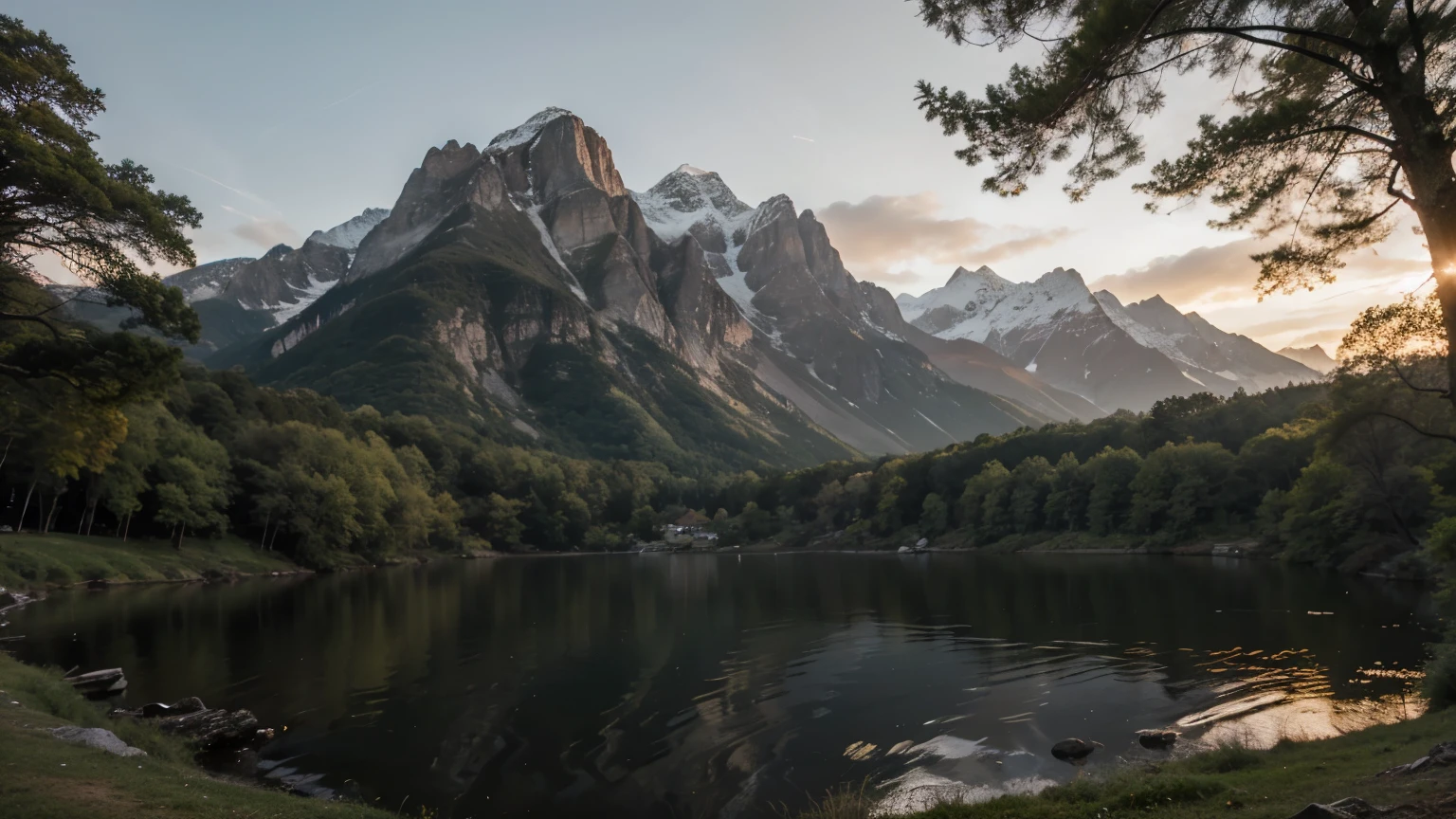 Realistic mountains in high definition, com pinheiros, e um lago, foto realista, image at night, Gothic Climate, Floresta, Lago