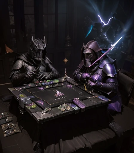 ((( 2 Cabal creatures are dueling on the card table , 2 creatures of darkness are battling on the card table, 2 mystical creatures are comforting each other on the card table )),