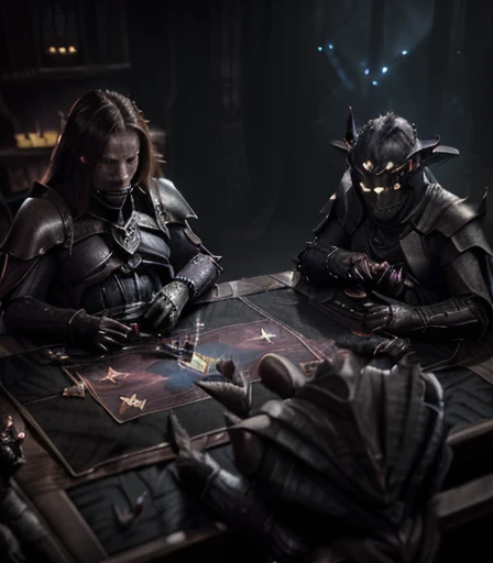 ((( 2 Cabal creatures are dueling on the card table , 2 creatures of darkness are battling on the card table, 2 mystical creatures are comforting each other on the card table )),