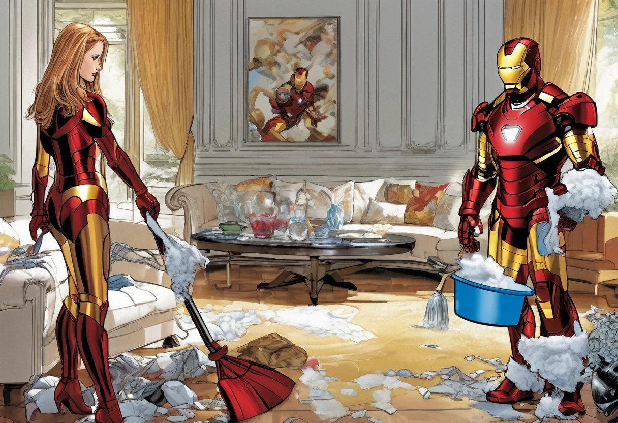 Iron man, silver and red armor, wearing a Maid outfit over his armor, cleaning up a mess in a posh living room. Pepper Potts supervises looking annoyed