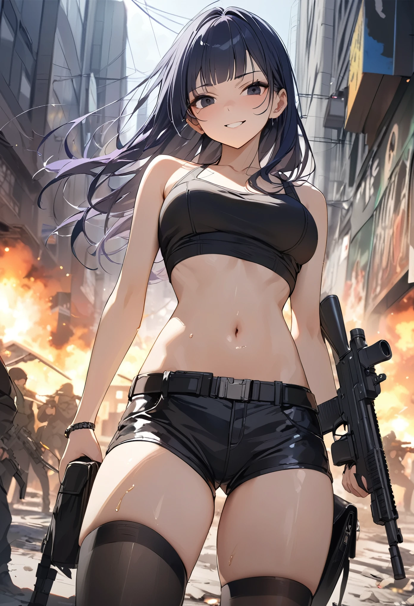 Action Scenes、Urban Warfare、Gunfight、((masterpiece, highest quality:1.3)),cowboy shot,20 year old beauty,solo,((very small head)),dark blue hair,long hair,black eyes,blunt bangs,medium breasts,((long body,slender body)),skinny,shiny skin,oily skin,smile,,Black tight tank top、Navel exposed、Black leather micro mini shorts、gunbelt,equipped with automatic rifle、Shoot a gun:1.5,on street、Ruined Tokyo、End of the World、