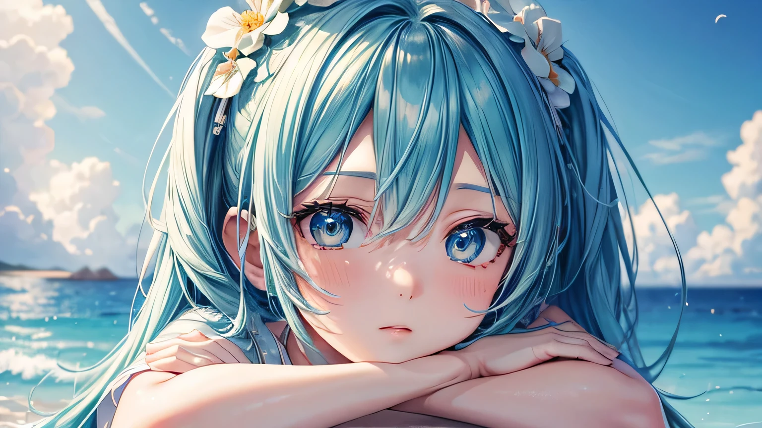 miku hatsune : 1.3, Blue Hair: 1.2, , Daytime: 1.2,In Ocean: 1.1, Cinema Lighting, Ultra-high resolution, Accurate, Super detailed, Textured skin, High detail, highest quality, 8k,Thin bangs, (Colorful splashes),Colorful Bubbles,(The Shining), Thick body, No sleeve, Well-drawn eyes, Focus on the face,Ocean,beach,summer,White and cute dress,Detailed hair depiction