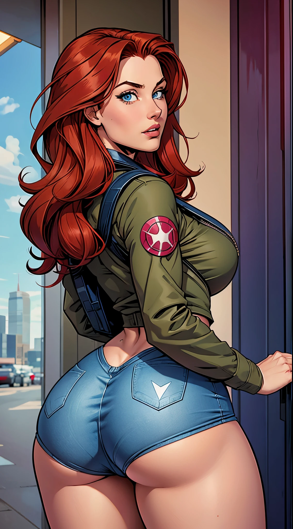 .21 years old woman , long and smooth red tone hair, bright and expressive blue eyes, she opted for a pink military outfit. Booty, busty. Comic style. Marvel comics. Bagpack