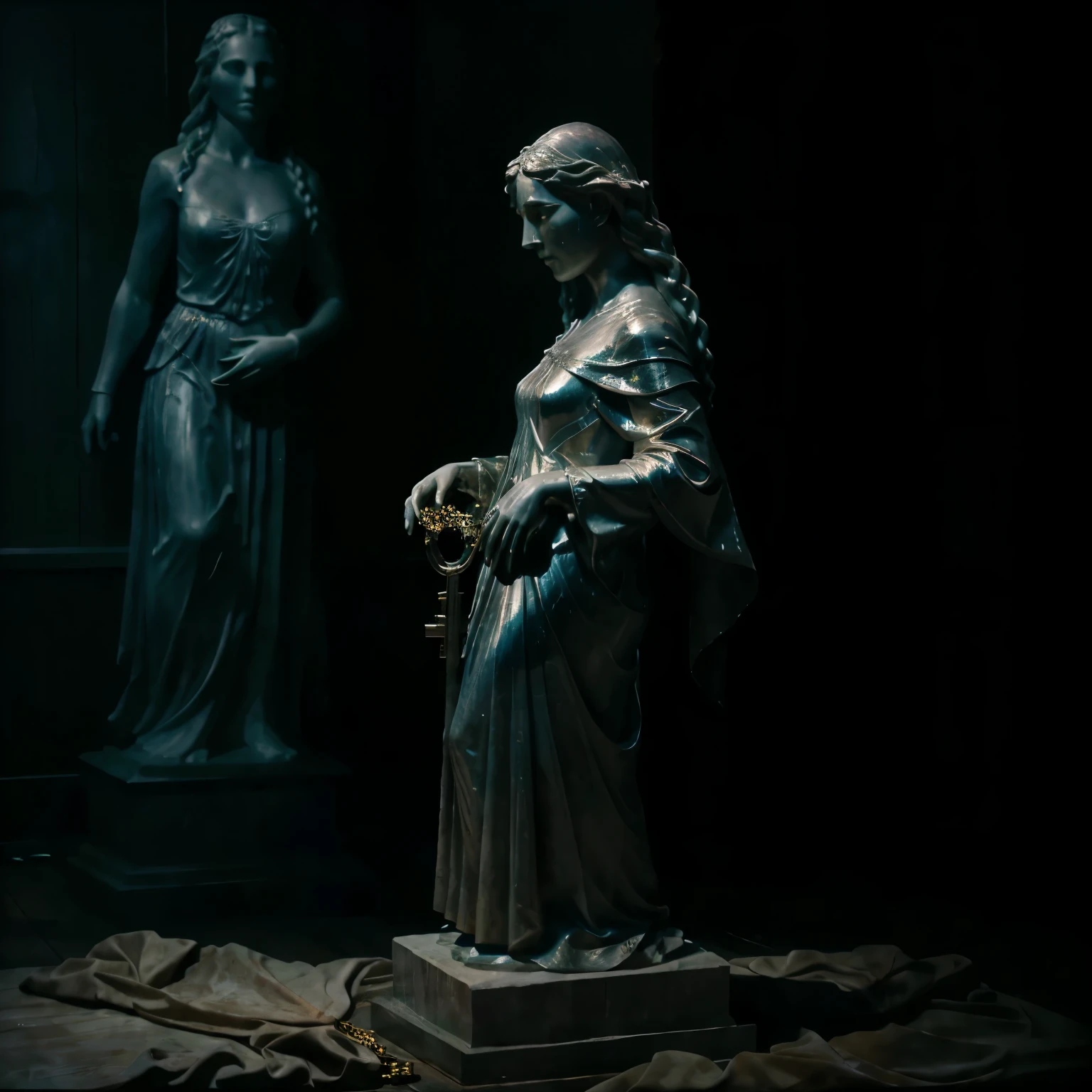there is a statue seeing from front in a room, holding a shiny key, arafed image of a woman standing in a dark room holding a key, a still of an ethereal, a statue, classical statue, mystical figure, shrouded figure, baroque vaporwave statue, frozen like a statue, statue of a woman, ghostly figure, film still of voldemort, by emmanuel lubezki, figure in the darkness, weeping angels, wood walls in cabin, dark atmosphere