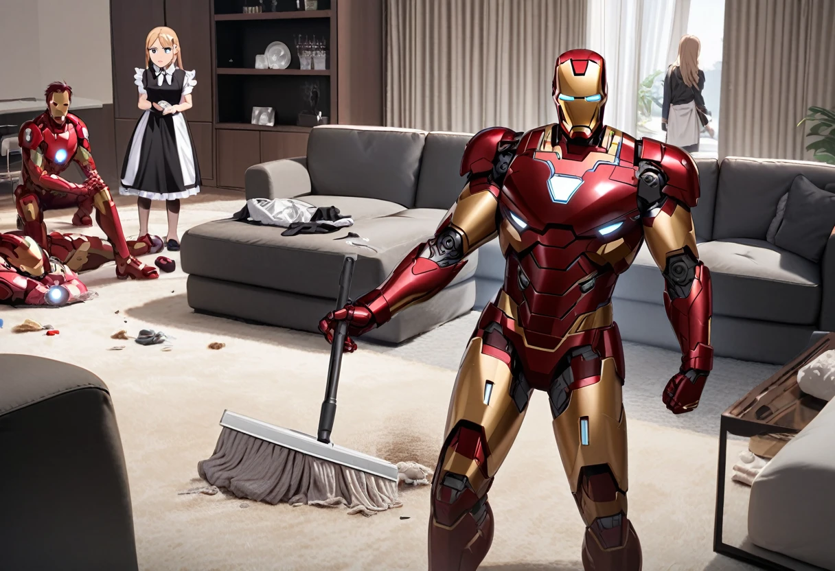 Iron man, silver and red armor, wearing a Maid outfit over his armor, cleaning up a mess in a posh living room. Pepper Potts supervises looking annoyed
