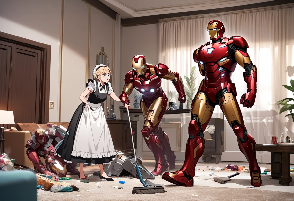 Iron man, silver and red armor, wearing a Maid outfit over his armor, cleaning up a mess in a posh living room. Pepper Potts supervises looking annoyed
