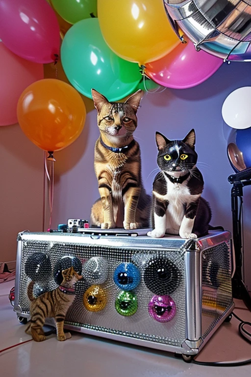 Cat and dog party  with balloons and music cartoon style,disco ball,lights,dj cat