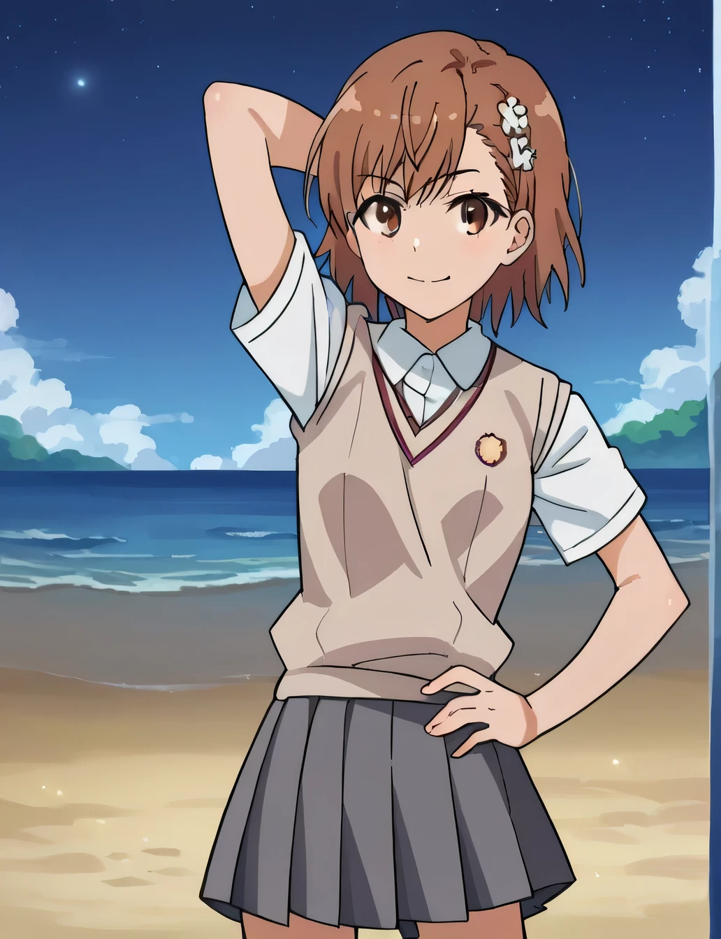 score_9, score_8_up, score_7_up, source_anime,
mikotomisaka, mikoto misaka, short hair, brown hair, hair ornament, hair flower, brown eyes,
skirt, shirt, , white shirt, short sleeves, pleated skirt, grey skirt, sweater vest, tokiwadai ,
closed mouth, solo, (cowboy shot:1.5), night sky, beach, arm behind head, hand on hip, contrapposto, spread armpits, looking at viewer, best quality, smile,