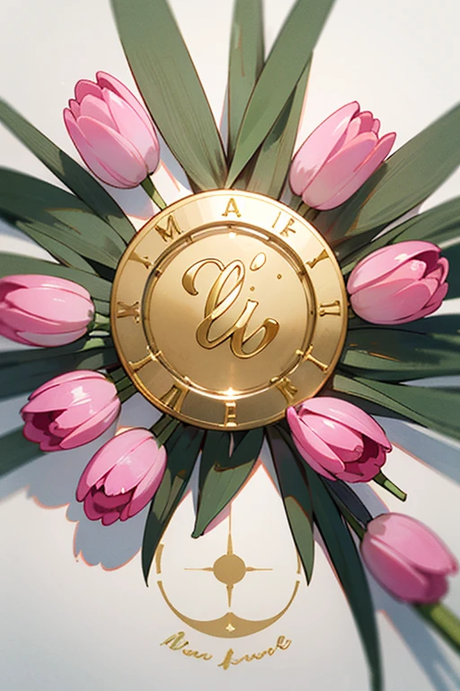 Make a white circle where the bottom part ends in pink tulips, the line of the circle is gold and has the name beautiful in the middle in a pretty letter.