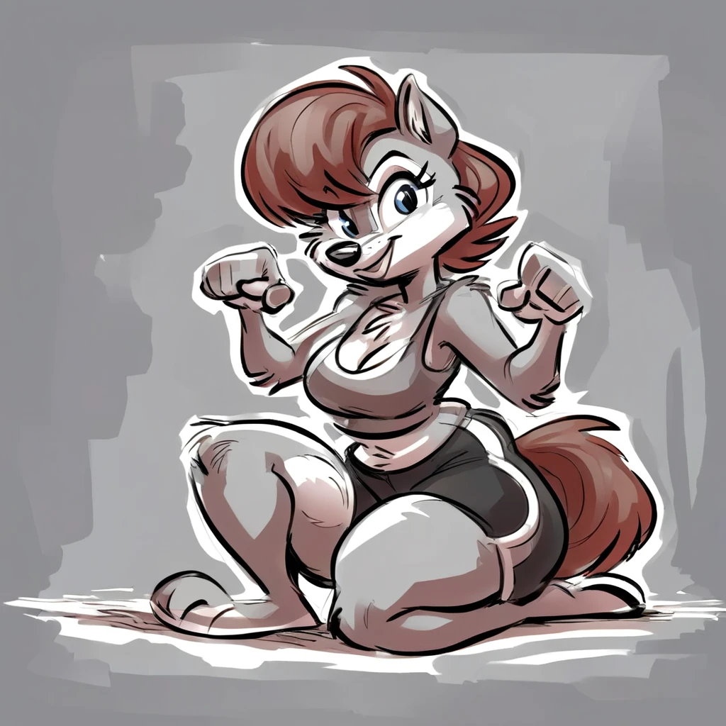 Sally Sally acorn, fur,btpt-fc, wearing black swimming shorts, doing a sitting pin up pose, has thick thighs, high quality, crisp,