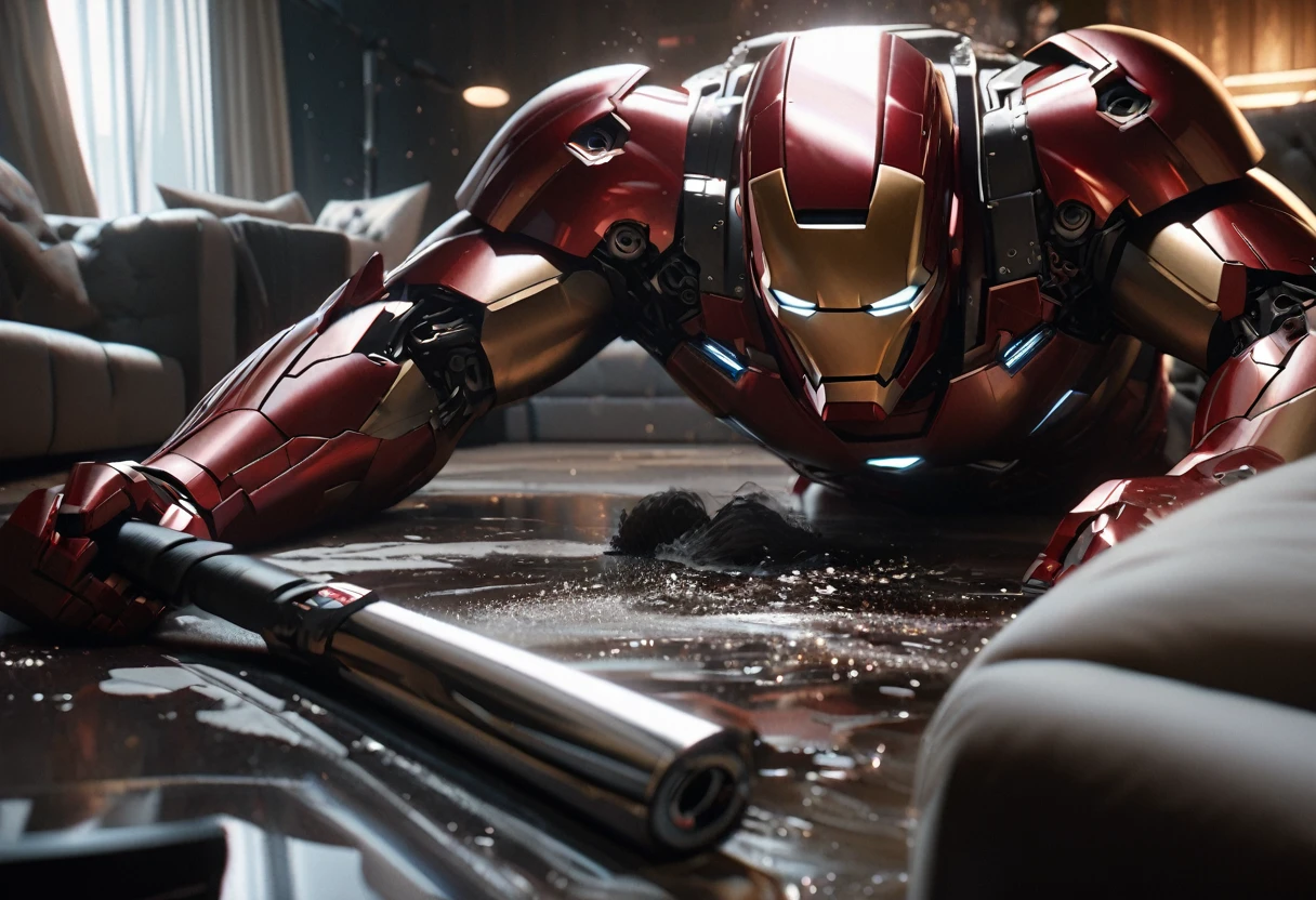 a highly detailed and realistic iron man in a silver and red maid outfit, cleaning up a mess in a luxurious living room, pepper potts watches nearby looking annoyed, cinematic lighting, 8k, photorealistic, masterpiece, intricate details, volumetric lighting, hyperrealistic, extremely detailed, sharp focus, professional studio quality