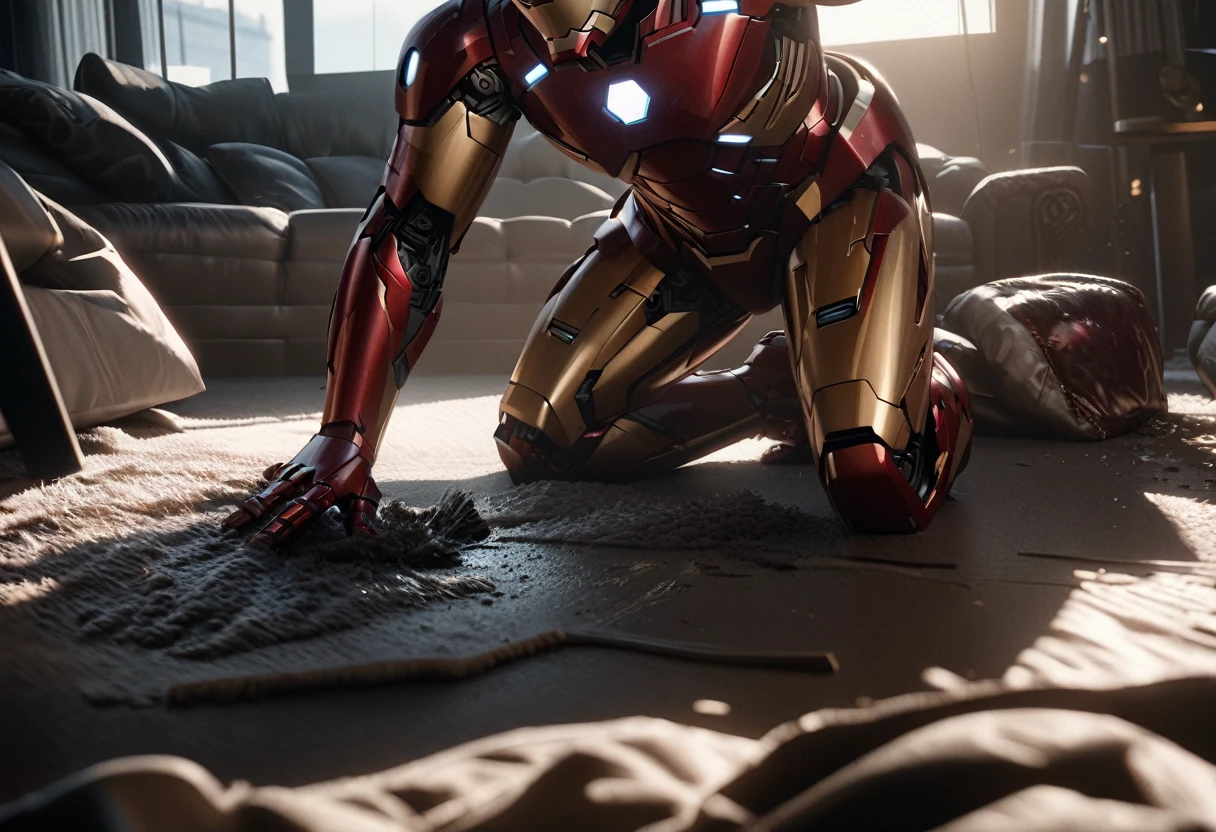 a highly detailed and realistic iron man in a silver and red maid outfit, cleaning up a mess in a luxurious living room, pepper potts watches nearby looking annoyed, cinematic lighting, 8k, photorealistic, masterpiece, intricate details, volumetric lighting, hyperrealistic, extremely detailed, sharp focus, professional studio quality