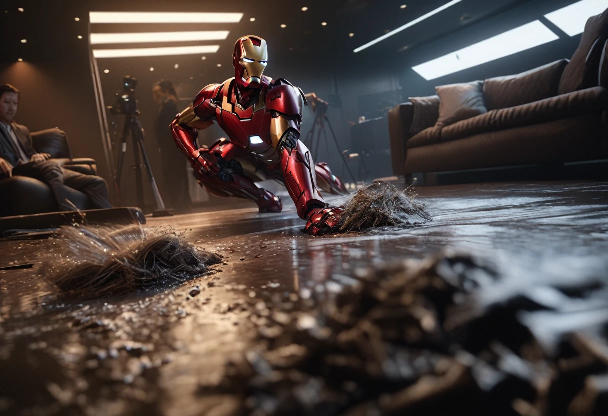 a highly detailed and realistic iron man in a silver and red maid outfit, cleaning up a mess in a luxurious living room, pepper potts watches nearby looking annoyed, cinematic lighting, 8k, photorealistic, masterpiece, intricate details, volumetric lighting, hyperrealistic, extremely detailed, sharp focus, professional studio quality