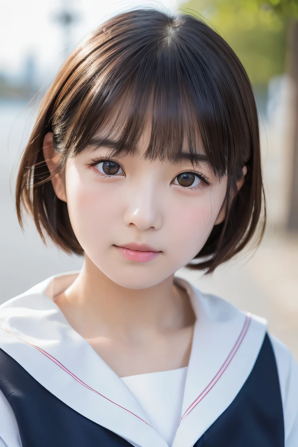 (1 Girl)、(Beautiful Japanese、18years old,round face、Refreshing、clear、seems kind、stylish、Pitiful、cute like an angel、cute、black eyes、,actress,Almond-shaped eyes,Translucent white skin、Beautiful skin), Good style , (((Beautiful big breasts:1.2))),(((soft breasts))),(very cute),(Black hair),(short bob hair),(enchanting eyes),(highlight on eyes:1.2)、(8K、Live shooting、highest quality、masterpiece:1.2、optimal lighting)、((masterpiece)),(Photo taken by a professional photographer),(real、photo real:1.4),break,{ (Cute Japanese high school sailor uniform),((Cute Sailor Suit:1.2))},(cheeks are red:1.3), break, break,Face shot:1.3、 face close-up,Looking up、(Cleavage:0.7)、Peering in with a worried look on her face,,Looking at viewer,From below,(high school),(tear:1.4),(Troubled face),smile