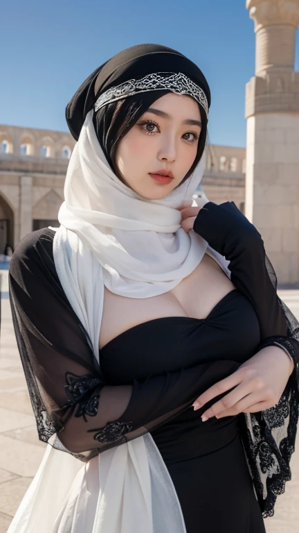 (Masterpiece, top quality, best quality, official art, beautiful and aesthetic: 1.2)
(1girl)
(Hyuga Hinata from Naruto anime, long black hair, radiant white eyes, captivating with Byakugan eyes)
(Beautiful, ethnic allure in sexy clothes)
(Majestically posing against a mosque background, wearing a hijab that covers her head and neck)
(Ultra detail, realistic representation of fabric texture, wrinkles, and intricate hijab design)
(Her mesmerizing eyes reflecting tranquility and strength, gaze fixed on the viewer)
Proportional body, perfect body figure, alluring, glamorous, sexy, portrait, big breasts,