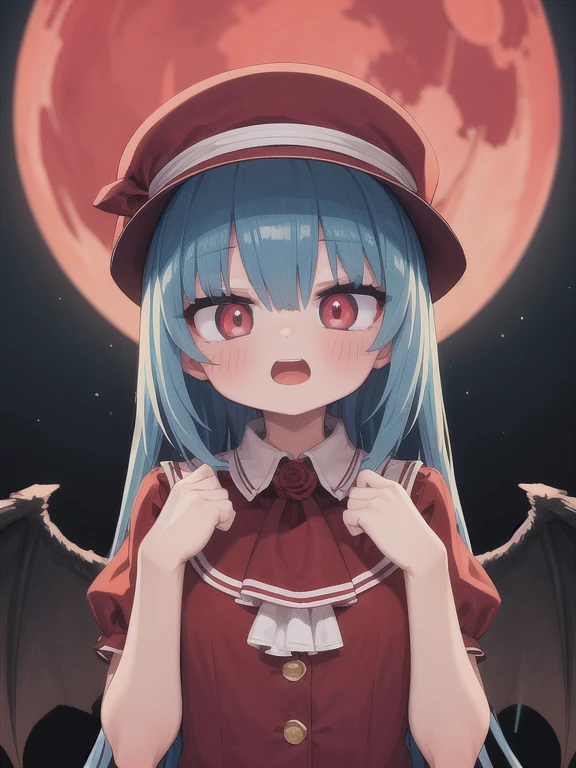 insanely detailed, absurdres, ultra-highres, ultra-detailed, best quality, 1girl, mob cap, wings, ribbon, frilled shirt collar, short sleeves, blue hair, red eyes, ascot, pink dress, evil eyes, night, red moon, ribbon, slit pupils, traditional media, red theme, rose, outdoors, upper teeth, blush, pov hands, 