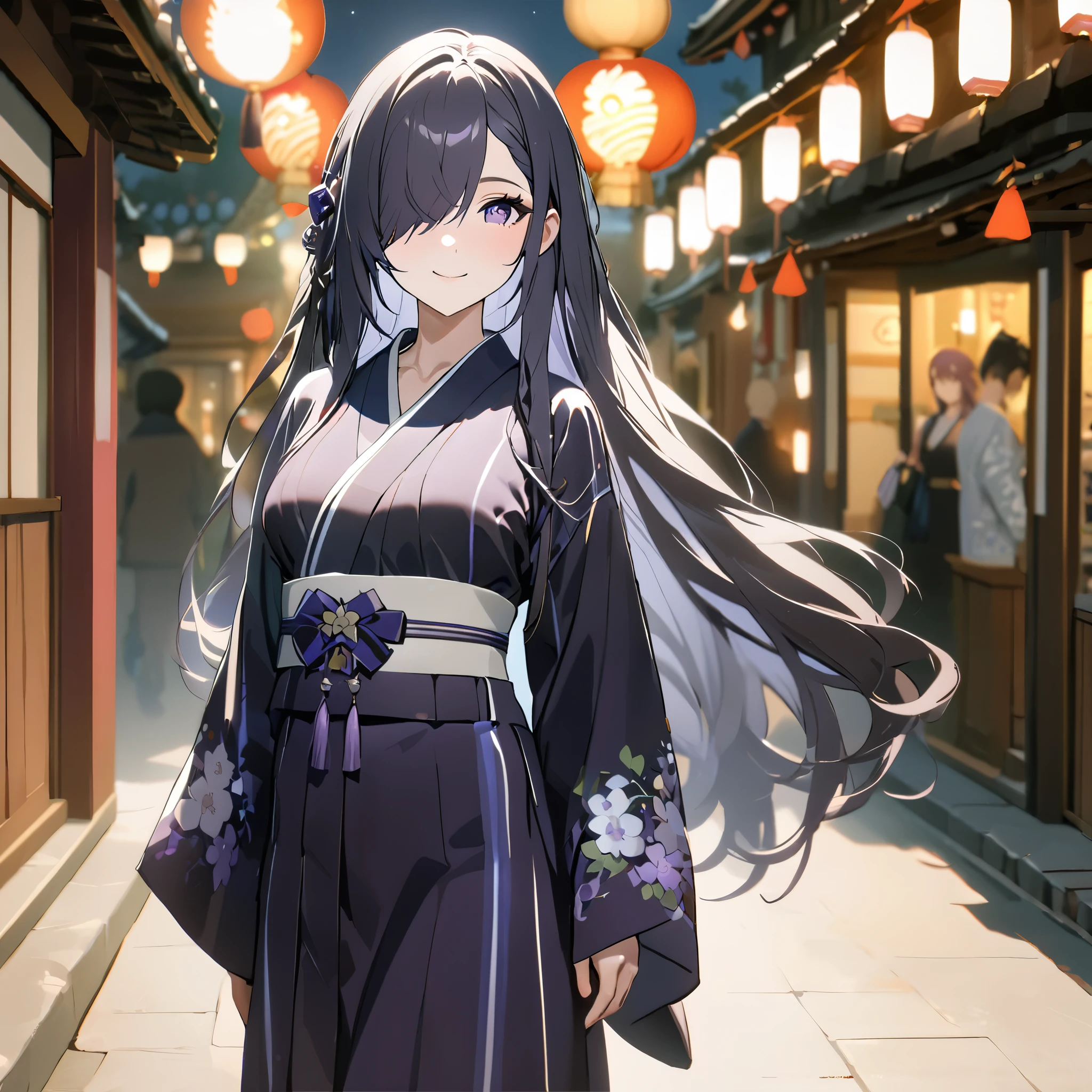 A woman wearing customized long-sleeved violet yukata, dark grape-colored hair, purple eyes, smiling, bangs in the eyes, long hair, walking in a traditional Japanese town at night, with background decoration and lighting, smiling.shadow, flower, UHD, masterpiece, accurate, anatomically correct, textured skin, super detail, high quality, best quality, 8k, high resolution, bokeh effect.( solo woman)
