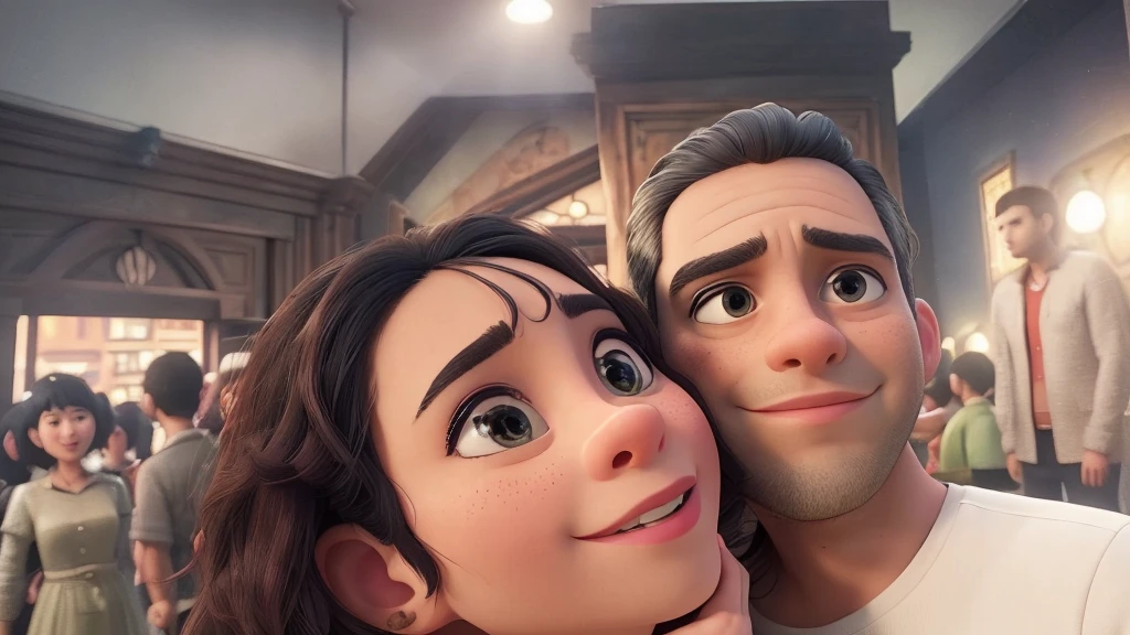 Um Casal, menino com olhos castanhos e cabelo curto com uma ondinha ma frente e menina com olhos verdes,cabelo grande metade loiro,metade castanho escuro