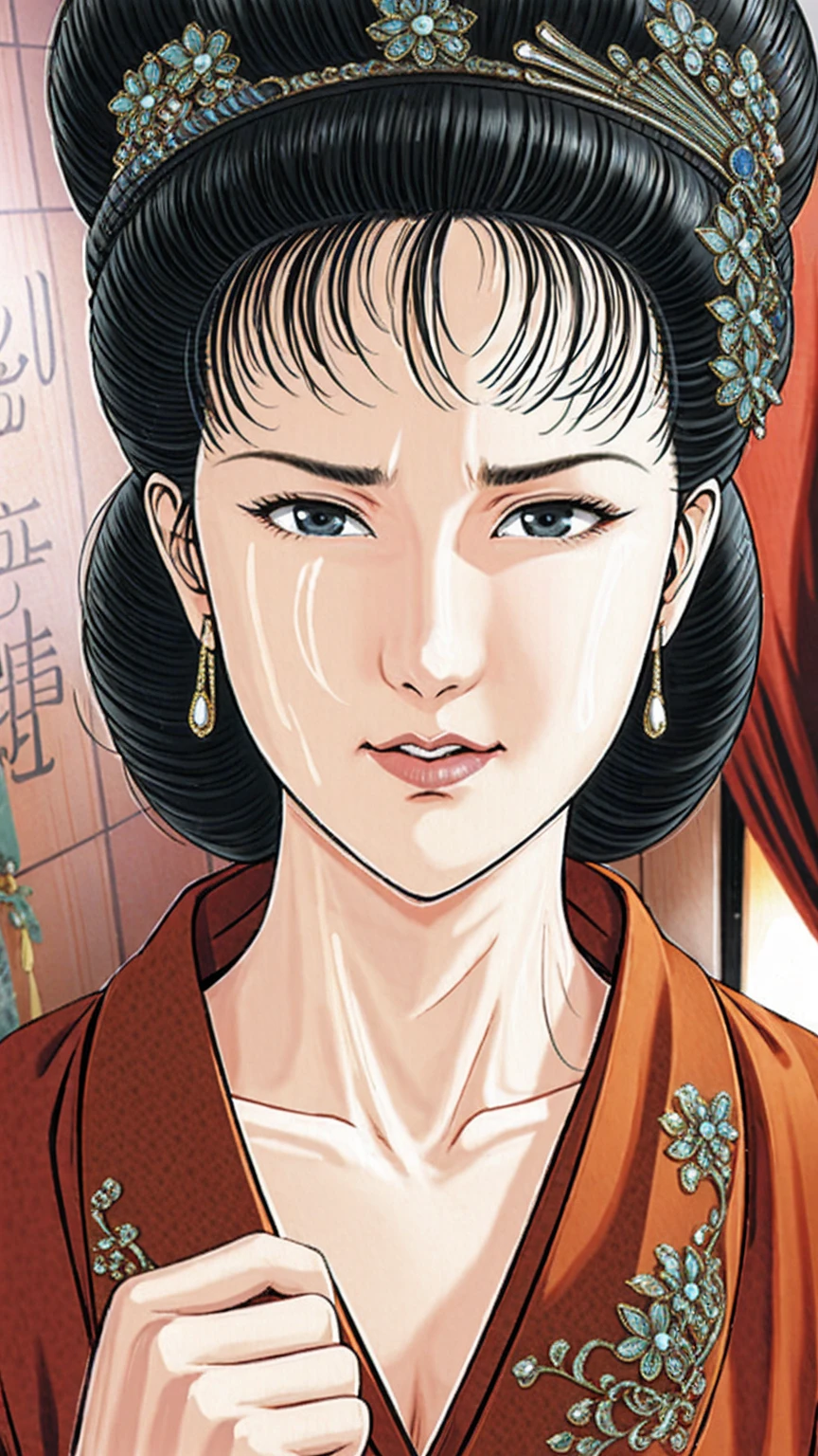 (best quality), (very aesthetic), (ultra-detailed), (best illustration),(a mature female),(perfect face),Suikoden,Mrs. Lin,(NSFW),((full_body)),((full_nude)),((Are crying)),Right hand covering mouth,red cheek,sweating,skinny,flushed skin,hairly pussy,There is white semen all over the body,There is white semen on the lips,chinese traditional bed room,Overlooking