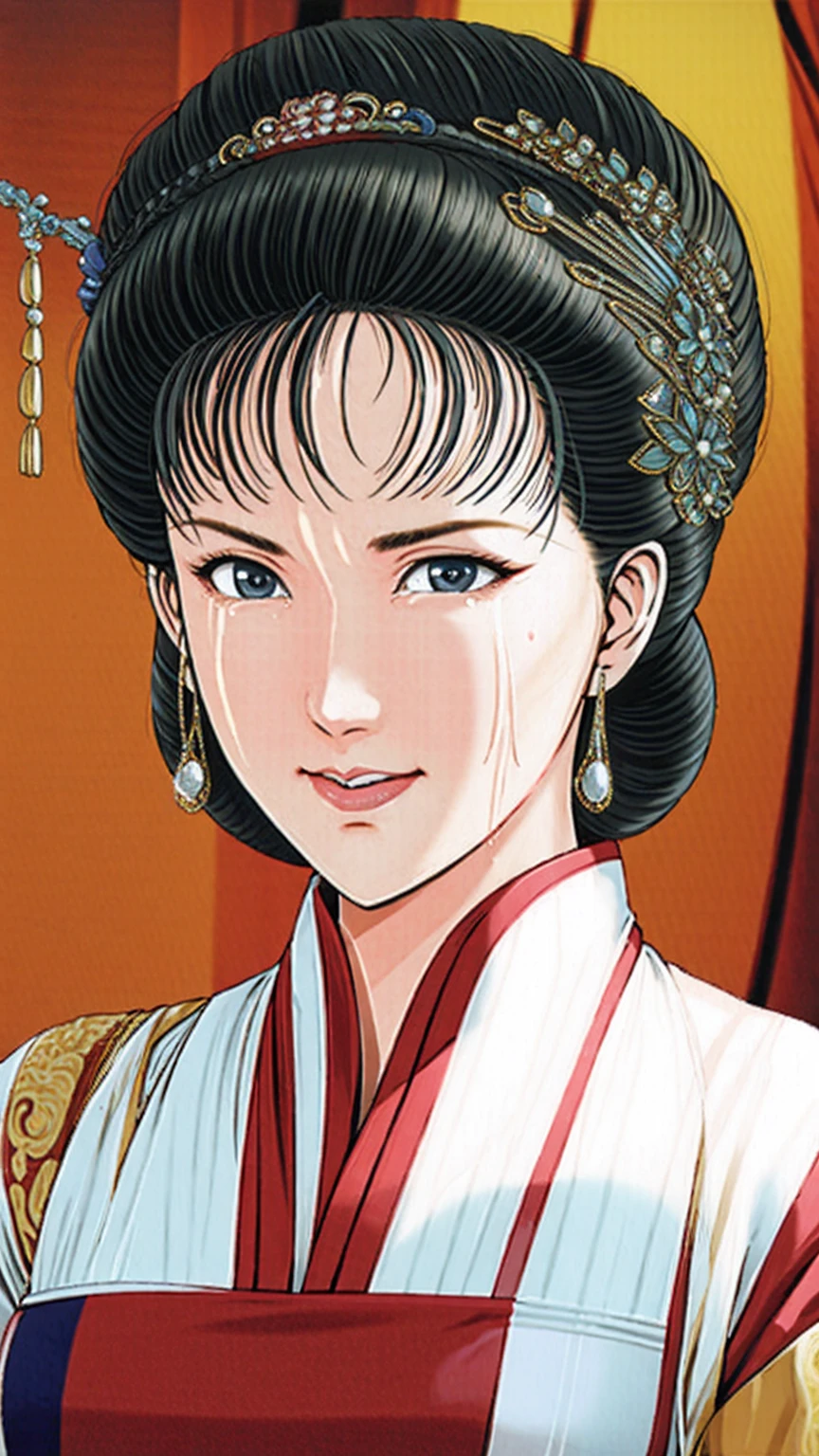 (best quality), (very aesthetic), (ultra-detailed), (best illustration),(a mature female),(perfect face),Suikoden,Mrs. Lin,(NSFW),((full_body)),((full_nude)),((Are crying)),Right hand covering mouth,red cheek,sweating,skinny,flushed skin,hairly pussy,There is white semen all over the body,There is white semen on the lips,chinese traditional bed room,Overlooking