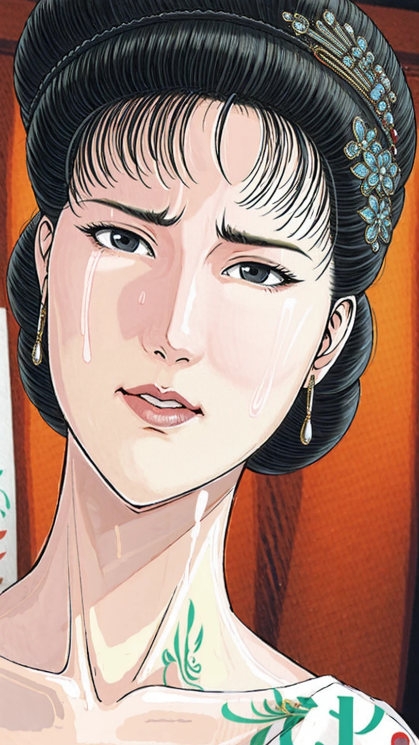 (best quality), (very aesthetic), (ultra-detailed), (best illustration),(a mature female),(perfect face),Suikoden,Mrs. Lin,(((NSFW))),((full_body)),((full_Nude)),(crying),red cheek,sweating,skinny,flushed skin,(Woman with pubic hair),(sitting),(ahegao),traditional Chinese bedroom,front view