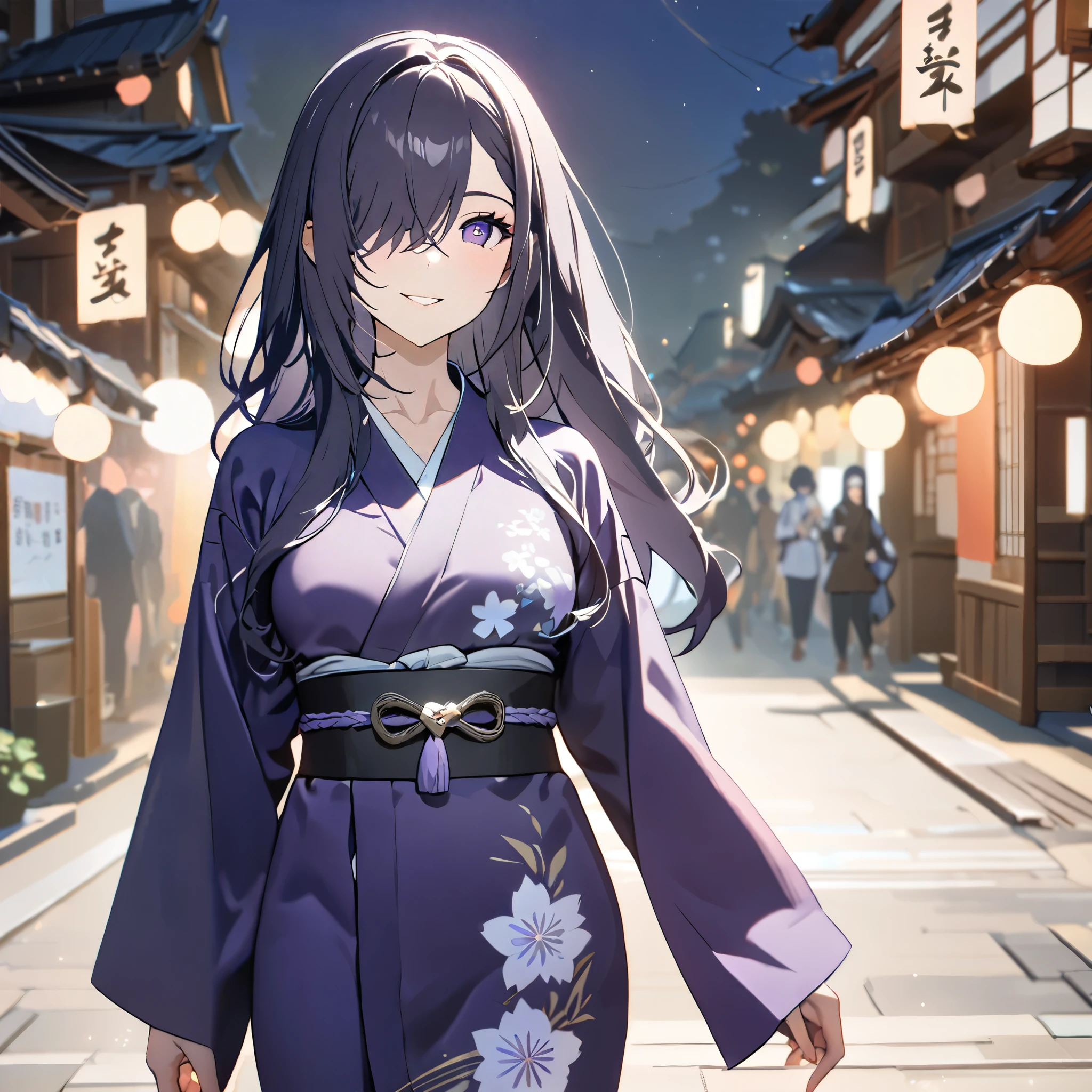 A woman wearing customized long-sleeved violet yukata, dark grape-colored hair, purple eyes, smiling, bangs in the eyes, long hair, walking in a traditional Japanese town at night, with background decoration and lighting, smiling.shadow, flower, UHD, masterpiece, accurate, anatomically correct, textured skin, super detail, high quality, best quality, 8k, high resolution, bokeh effect.( solo woman)
