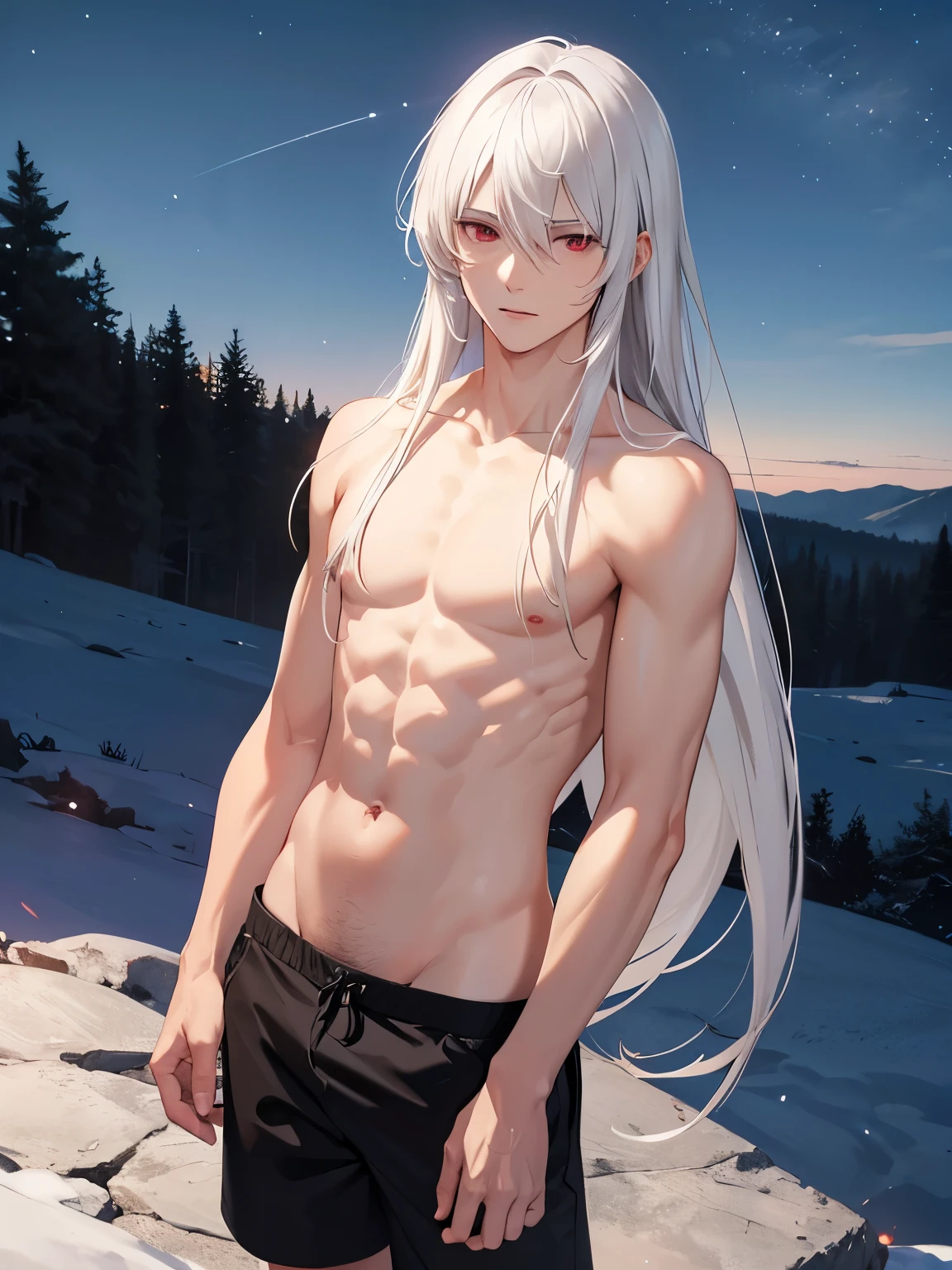 1 man,guy, handsome,standing on a hill, Facing right, camera angle from the side, photo from the side, looking away,at night,,white hair, long hair, red eyes,No clothes (nude),six pack abs, black shorts,at night,ultra detail, perfect face, clear face, HD face,Ultra detailed face,close up photo