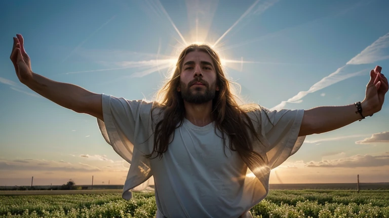 Describe a serene, transcendental scene in which Jesus Christ is enveloped in an aura of divine light. He's standing in a verdant field, with colorful flowers blooming at your feet. Your eyes emanate infinite compassion and wisdom, while your arms are open in a welcoming gesture. Ao redor dele, a gentle breeze seems to dance, carrying with you the feeling of peace and love. The sky above is painted in soft shades of blue and pink, with fluffy white clouds that seem to bow in reverence to your presence. Golden sunlight radiates behind Jesus, creating a glowing halo around your head. His expression is serene, transmitting a sense of comfort and hope to everyone who contemplates this image. Detalhes delicados, like the nails in your hands and feet and the crown of thorns on your head, are represented with impressive precision, highlighting the depth of the sacrifice He made for all humanity. This image is a representation of the divinity of Jesus Christ and his eternal message of unconditional love and redemption.. jesus orando 3 fotos