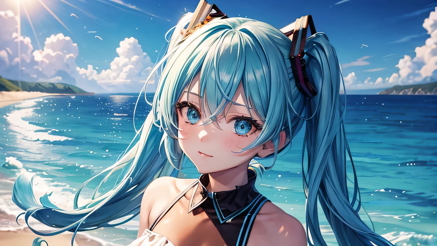 miku hatsune : 1.3, Blue Hair: 1.2, , Daytime: 1.2,In Ocean: 1.1, Cinema Lighting, Ultra-high resolution, Accurate, Super detailed, Textured skin, High detail, highest quality, 8k,Thin bangs, (Colorful splashes),(The Shining), Upper Body,Thick body, No sleeve, Well-drawn eyes, Focus on the face,Ocean,beach,summer,White and cute dress,Detailed hair depiction,