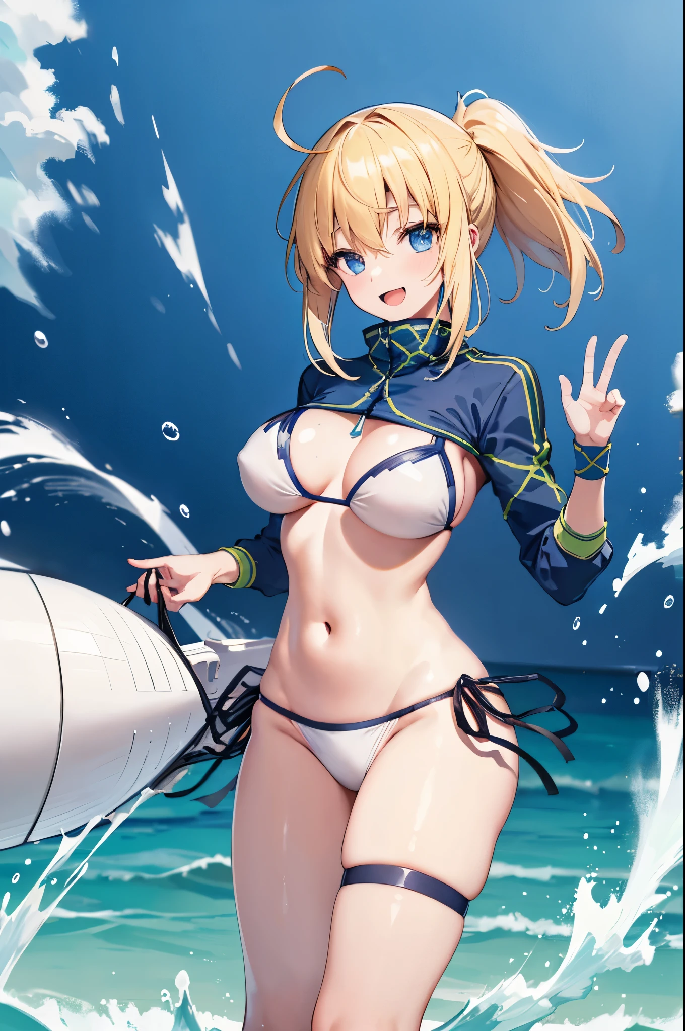 masterpiece,(ultra-detailed),1girl, mysterious heroine xx \(fate\), half_eyes,smile,open mouth, swimsuit, white bikini, side-tie bikini bottom, shrug \(clothing\), jacket, thigh strap, wristband, large_breasts, ocean, splashing,blonde_ponytail,open_legs,cap,happiness,