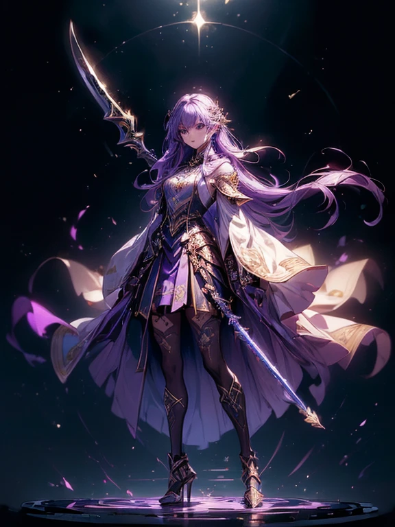 Design a layout showcase Gaming character, (1girl). 
Golden|Purple clothes, stylish and unique. 
((showcase weapon:1.4)), magic staff. 
(masterpiece:1.2), (best quality), 4k, ultra-detailed. 
(Step by step design, layout art:1.5), (luminous lighting, atmospheric lighting). 
magican, ((glove full hands)), (((revealing clothes:1.3))), vambraces, armored legwear, (((full_body_shot:1.4))). 
{In a mystical forest|On a magical battlefield}.
