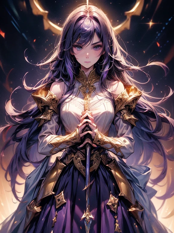 Design a layout showcase Gaming character, (1girl). 
Golden+Purple clothes, stylish and unique. 
((showcase weapon:1.4)), magic staff. 
(masterpiece:1.2), (best quality), 4k, ultra-detailed. 
(Step by step design, layout art:1.5), (luminous lighting, atmospheric lighting). 
magican, ((glove full hands)), (((revealing clothes:1.3))), vambraces, armored legwear, (((full_body_shot:1.4))). 
[Happy:0.5], [Determined:0.5], right-facing.
