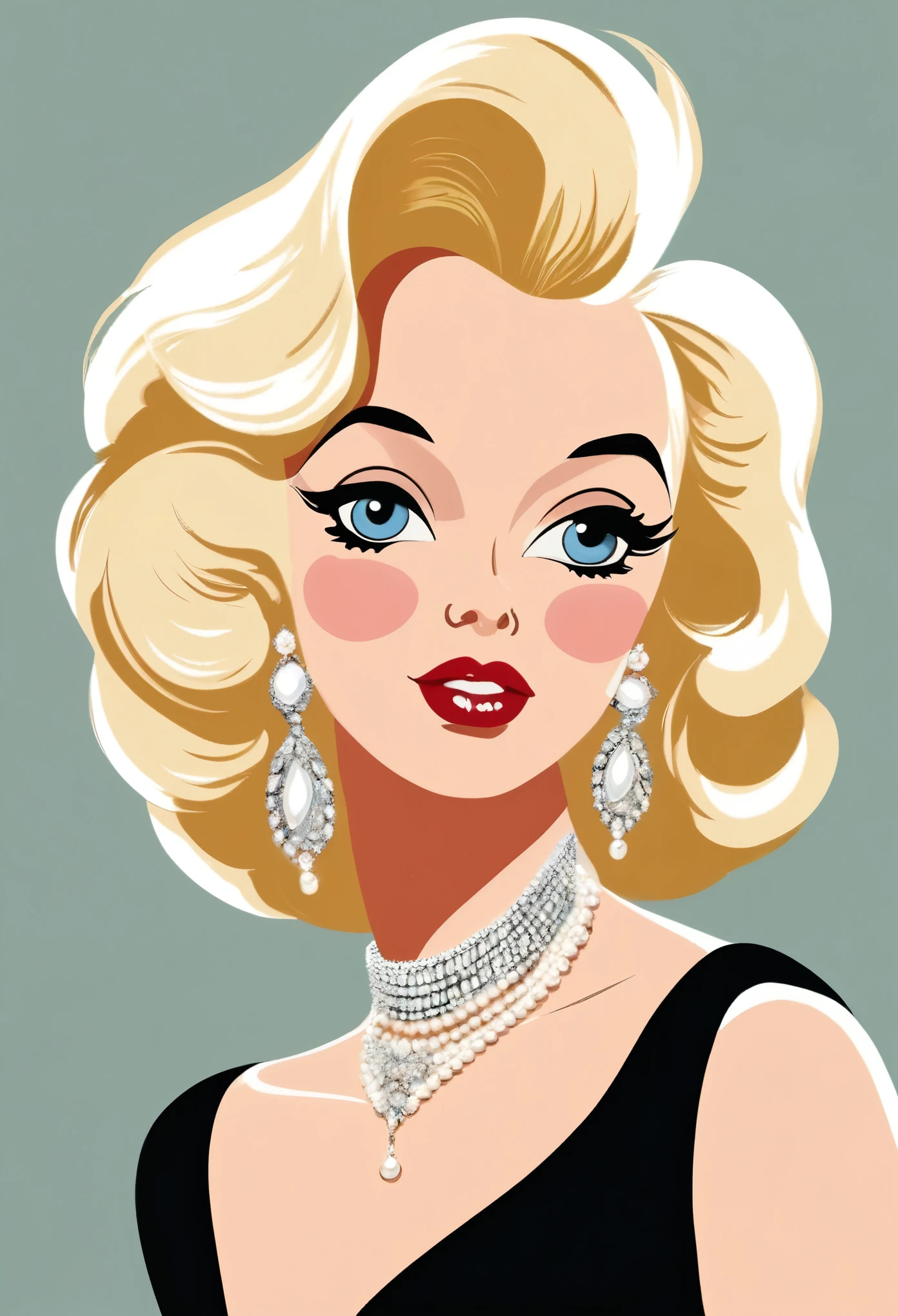 Um mulher alta e magra , blonde with a face like Marilyn Manroe in a long black dress with diamond earrings and pearl necklace