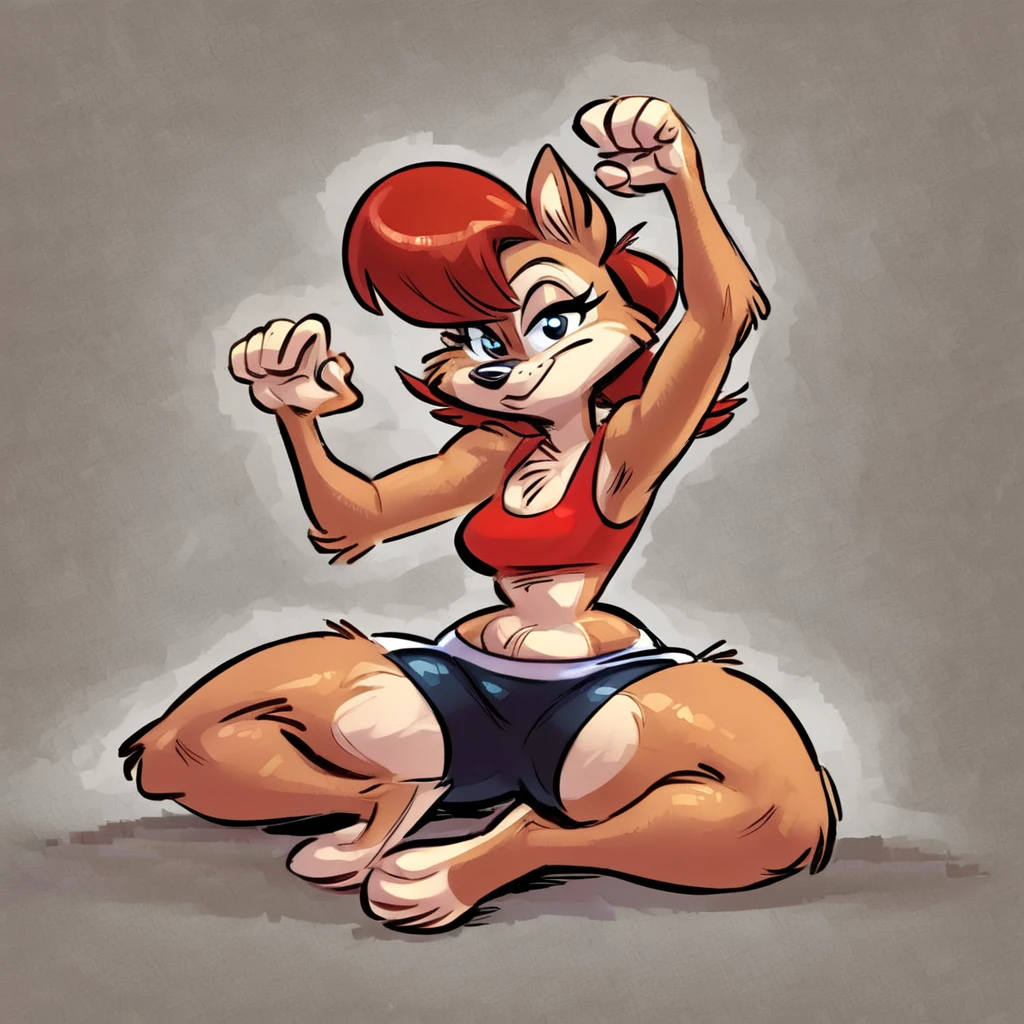 Sally Sally acorn, fur,btpt-fc, wearing black swimming shorts, doing a sitting pin up pose, has thick thighs, high quality, crisp,