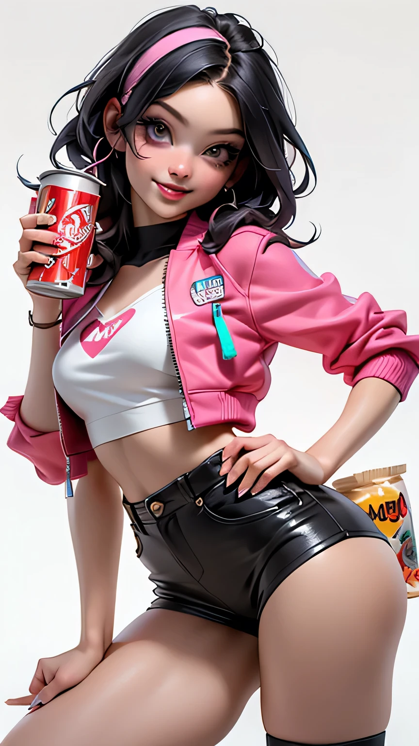((Best Quality, best resolution, award-winning portrait, official art)), ((perfect Masterpiece)), ((Realistic)) and ultra-detailed photography of a 1nerdy woman, 25 year old, with goth and post apocalyptic colors. She has ((long whispy long Black-colored hair)), wears a (Pink Bomber Jacket with a white Tshirt and a Black Crop top) and a (Harajuku-inspired shorts:1.2) , ((the most beautiful and sexy aesthetic)),drinking a can of soda and holding a bag of chips, Show the whole body, Leaning back, Head tilt, winking, laughting, white background, Smiling. Knee high socks, Dynamic pose Full Body, Eating Ramen